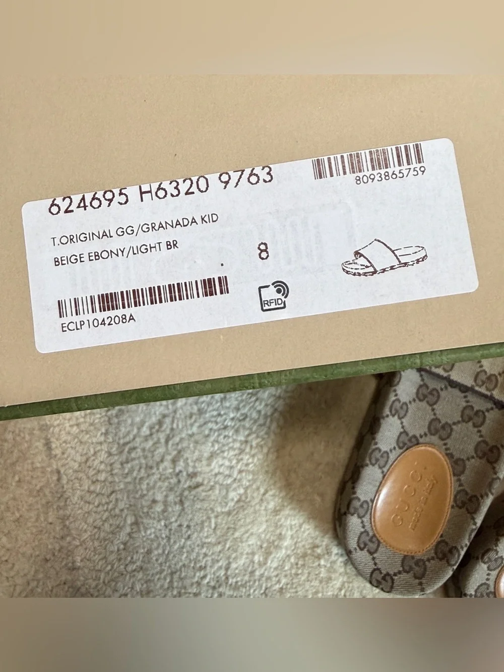 Gucci Brown Beige GG Canvas Slide Sandals with Leather Footbed Patch